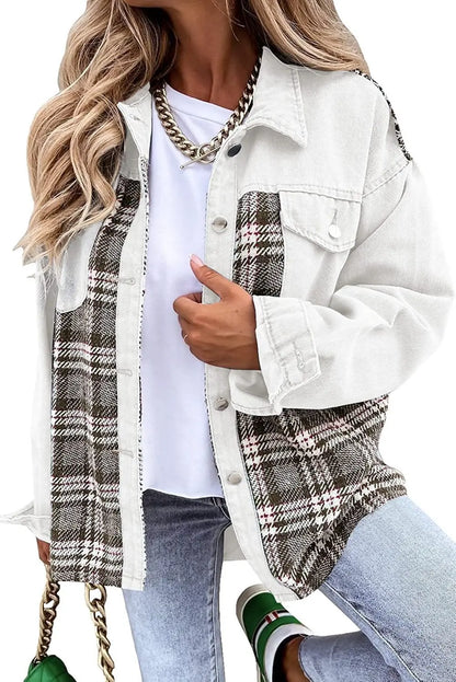 Women’s Long Sleeve Denim Jacket – Punk Plaid Print Button‑Up Irregular Shirt Jacket