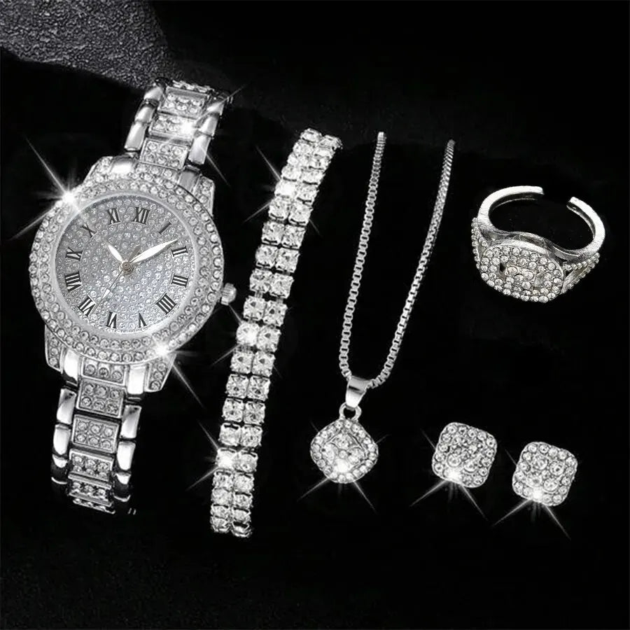 6PCS Women's Luxury Elegant Alloy Crystal Wristwatch, Rhinestone Bracelet, Neckless, Ring