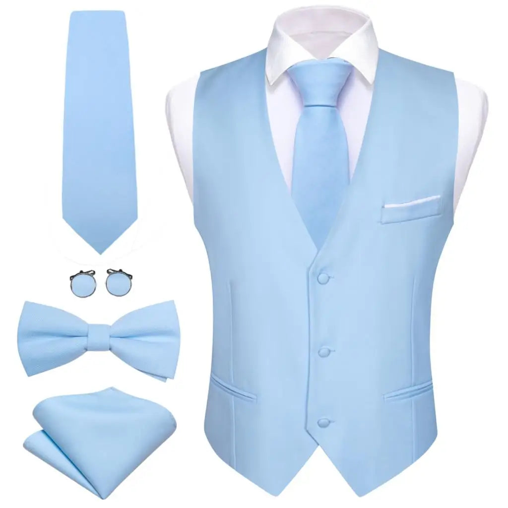Designer Men's Vest Solid Silk Satin Waistcoat Tie Bowtie Hanky Set