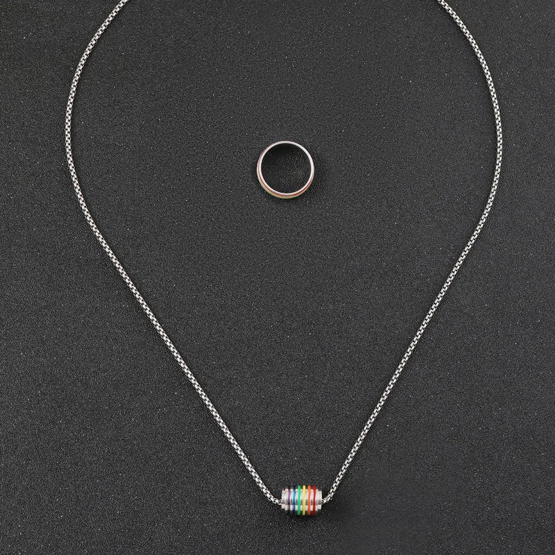Fashion Rainbow Pride Jewelry Set for Men Women Stainless Steel Colorful Enamel Stripe Pendant Necklace Ring LGBT Gay Love Gift
