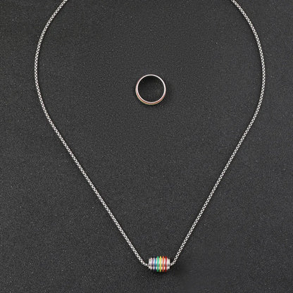 Fashion Rainbow Pride Jewelry Set for Men Women Stainless Steel Colorful Enamel Stripe Pendant Necklace Ring LGBT Gay Love Gift