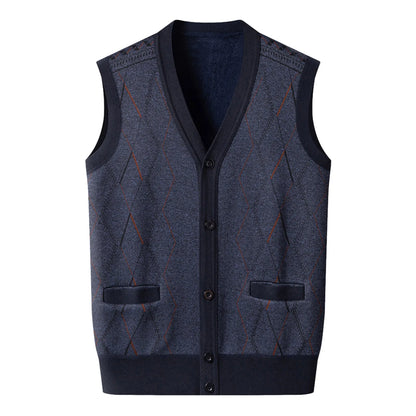 Men'S Autumn And Winter Middle Thickened Knit Vest Plus Fleece Fashion Printed Loose V Neck Cardigan Sweatercoat For Men Trendy