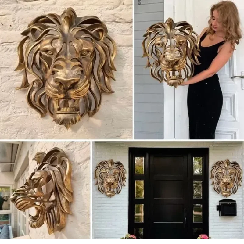 Wall Hanging Lion Head Art Sculpture Cool Gold Lion King Resin Sculpture Entryway Bedroom Home Wall Hangings Luxury Wall Decor