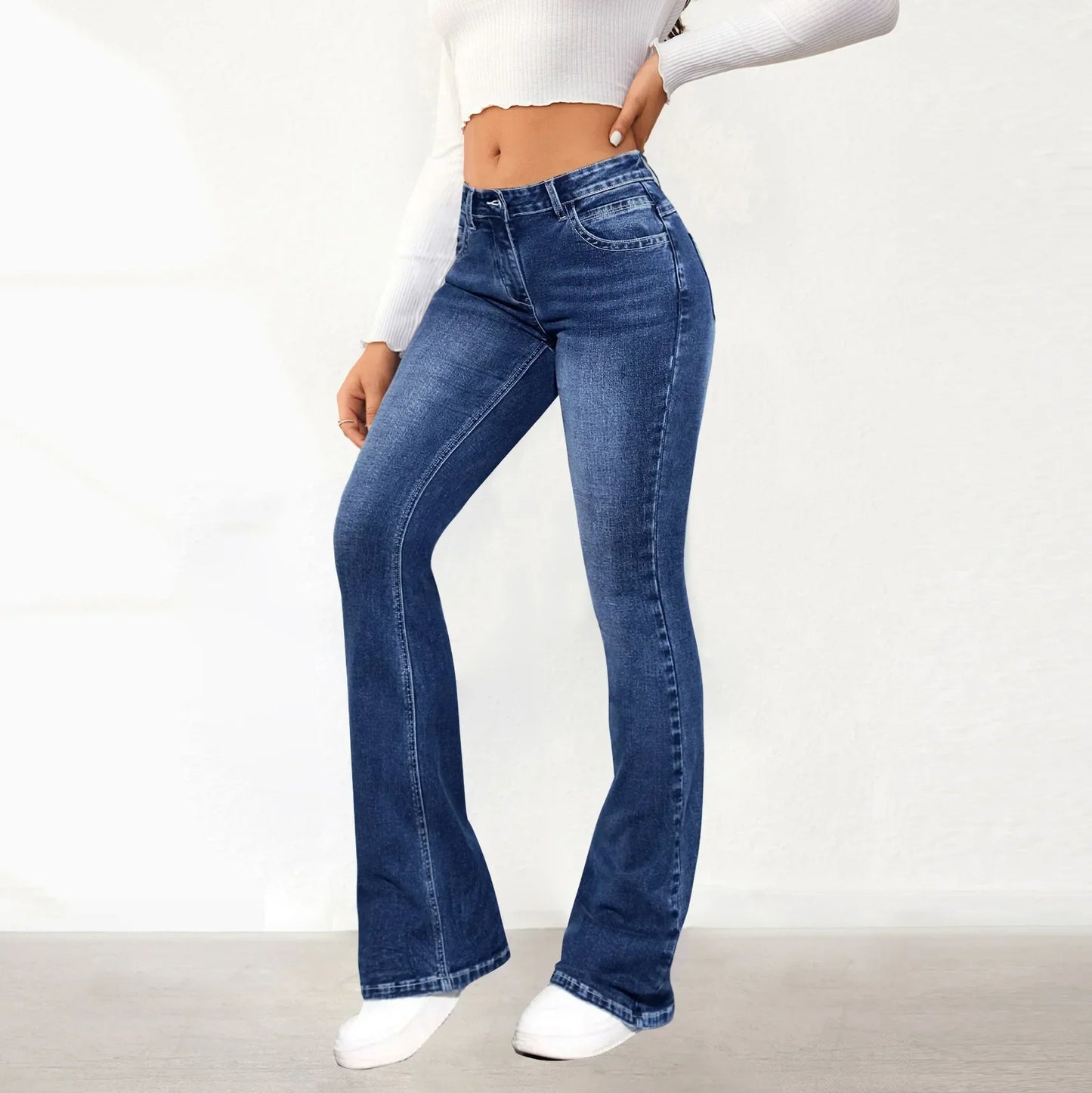 Women’s Slim‑Fit Flare Jeans – High‑Waist Denim with Pockets, Ankle‑Length Bootcut Streetwear