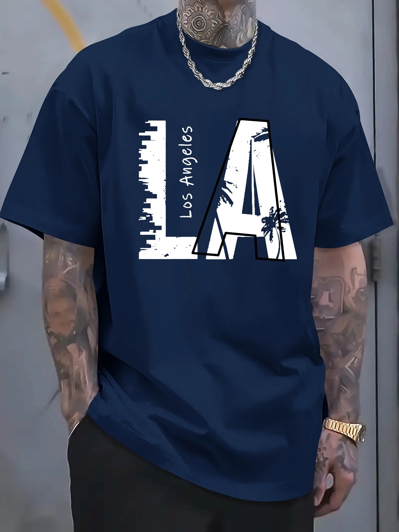 Men's summer 100 cotton fashionable casual loose plus size Los Angeles letter printed sports round neck short sleeved T-shirt
