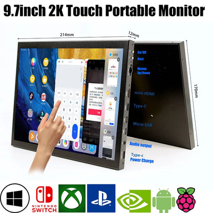 9.7 Inch 2K Touch Screen HDMI-compatible LCD for Raspberry Pi Orange Pi Windows PC Display with Cortical Case Portable Monitor