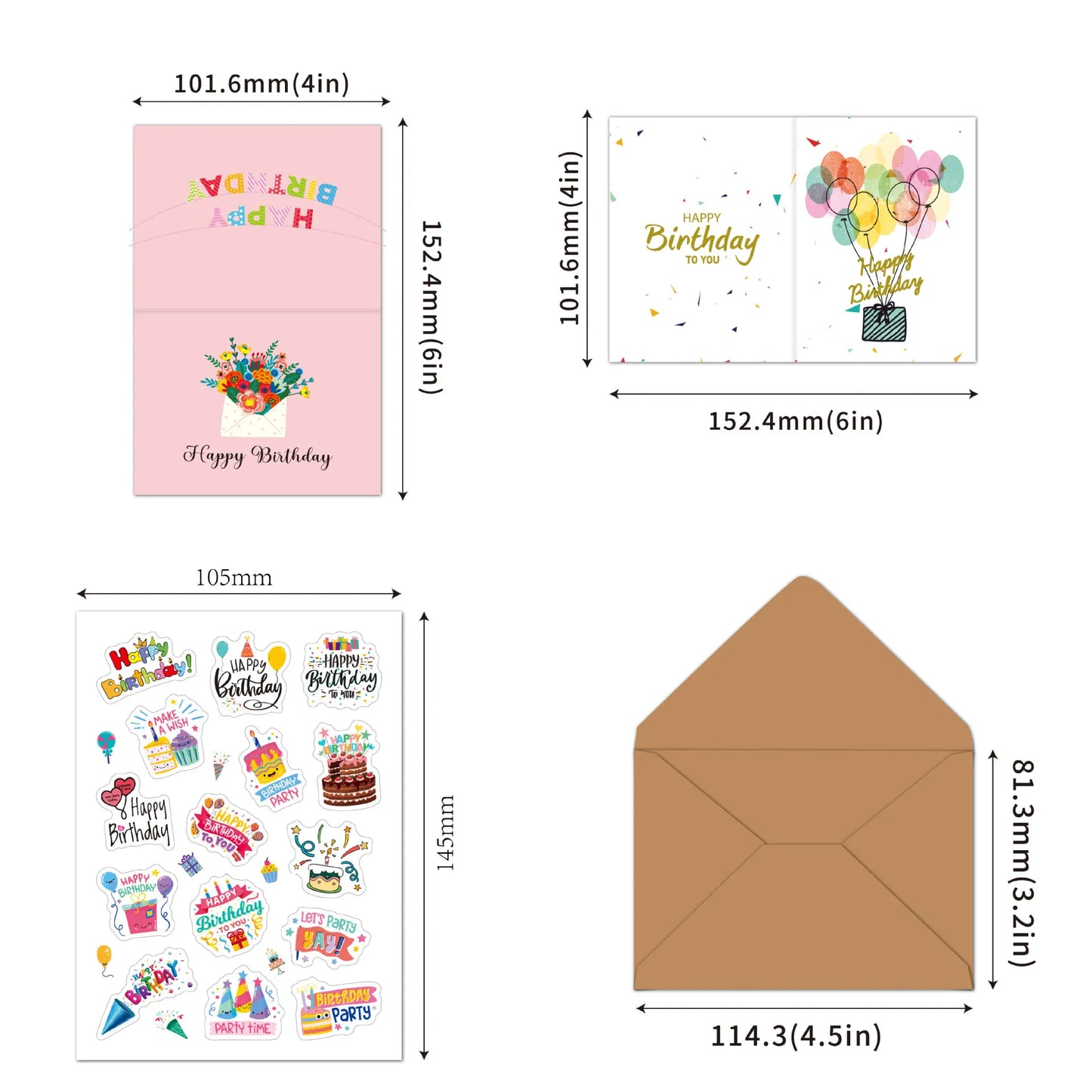 20 Happy Birthday greeting cards with envelopes, perfect for kids and adults. These folded cards are great for handwritten messages and birthday party invitations.