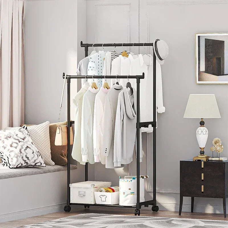 Movable Coat Rack Double Clothes Shelf Simple Rod Clothes Floor-Standi ...