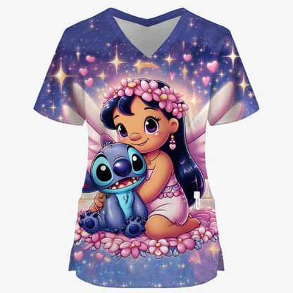 Women's Nurse Style Scrub Disney Stitch Print Short Sleeve T-Shirt V Neck Hospital Uniform