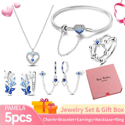 Pink Heart Bracelet Set 925 Silver Original Flower Ring Butterfly Earrings & Gift Box For Women Wedding Jewelry Best Wish 5pcs