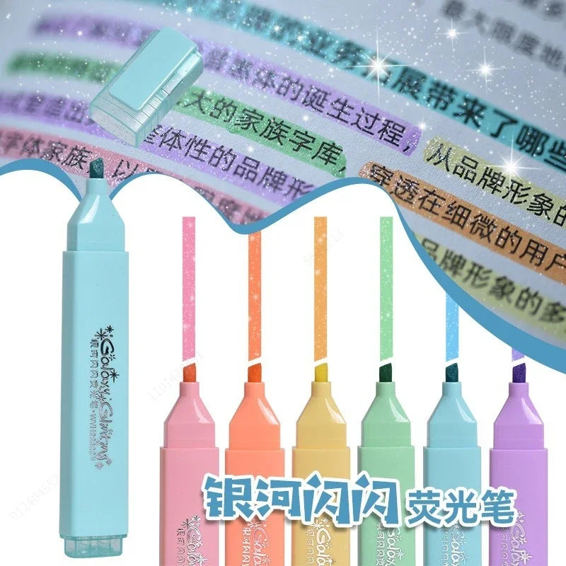 6 Colors/box Fine Fluorescent Glitter Highlighter Marker Pen Set