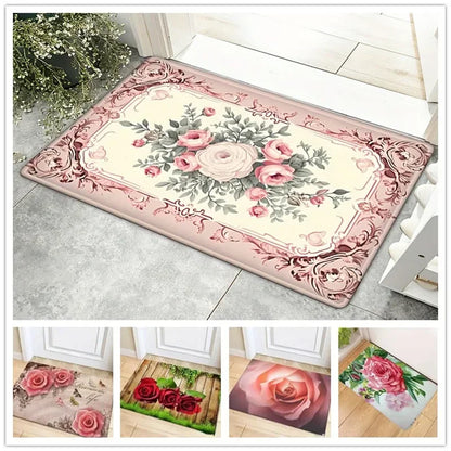 Sweet Rose Print Doormat Non-slip Floral Printed Floor Rug Washable Throw Carpet For Bathroom Living Room Kitchen Home Decor Mat