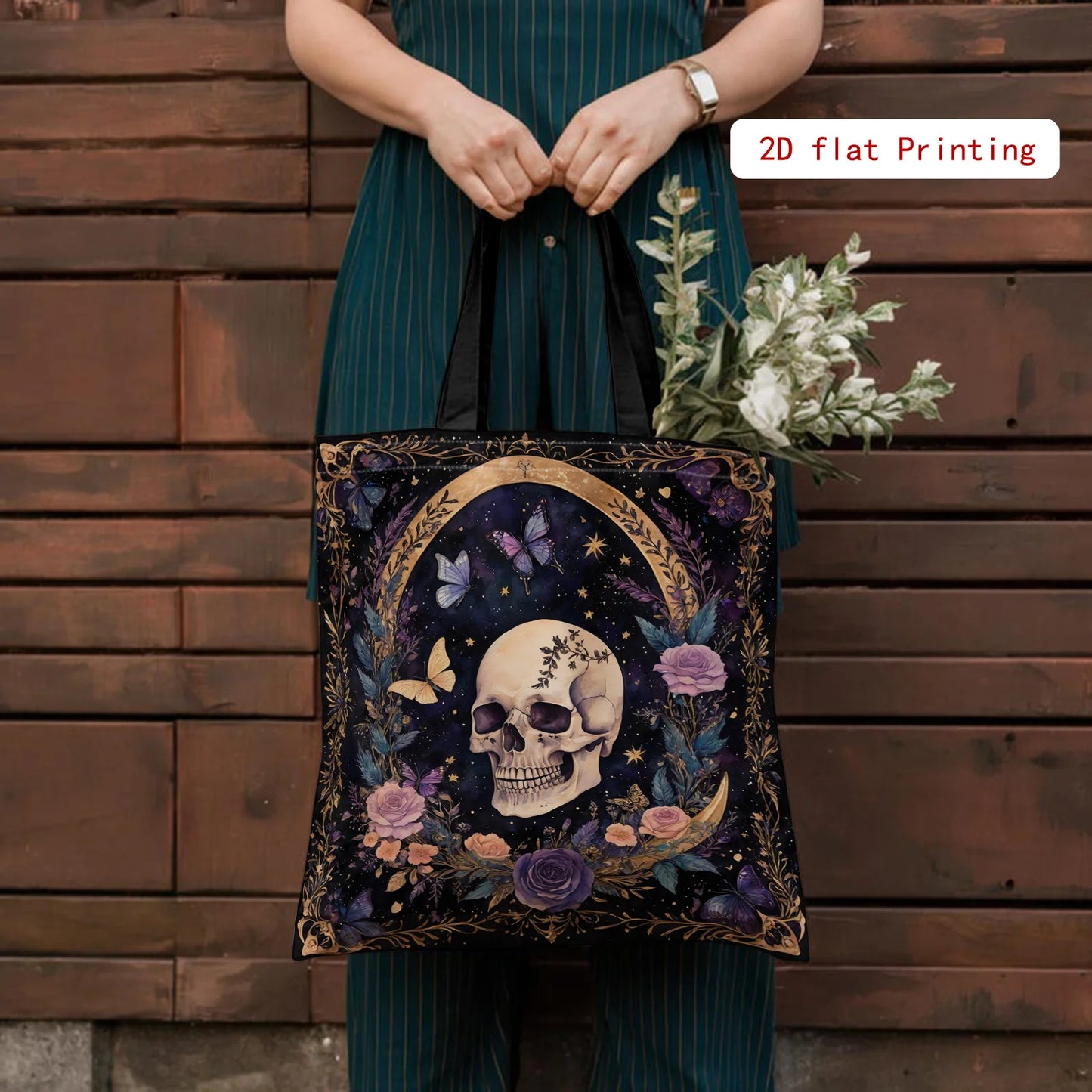 Women’s Gothic Skull Floral Tote – Large Capacity Open‑Top Purse (Purple / Black / Gold)