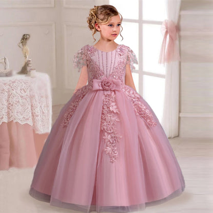 Girl's Elegant Wedding Embroidered Mesh Princess Graduation Party Prom Evening Dress 4–12-Year-Old