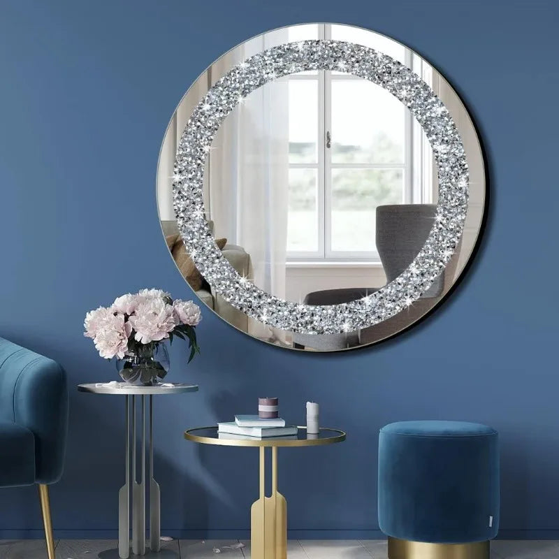 Crystal Crush Diamond Sparkly Round Silver Mirror for Wall Decoration 20x20x1 inch Wall Hang Frameless Bling Stylish Gorgeous Gl
