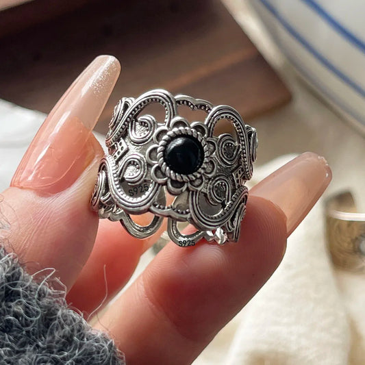 925 Sterling Silver Rings For Women Geometric Fine Jewelry Adjustable Simple Wide Black Stone Retro Ring For Party Birthday Gift
