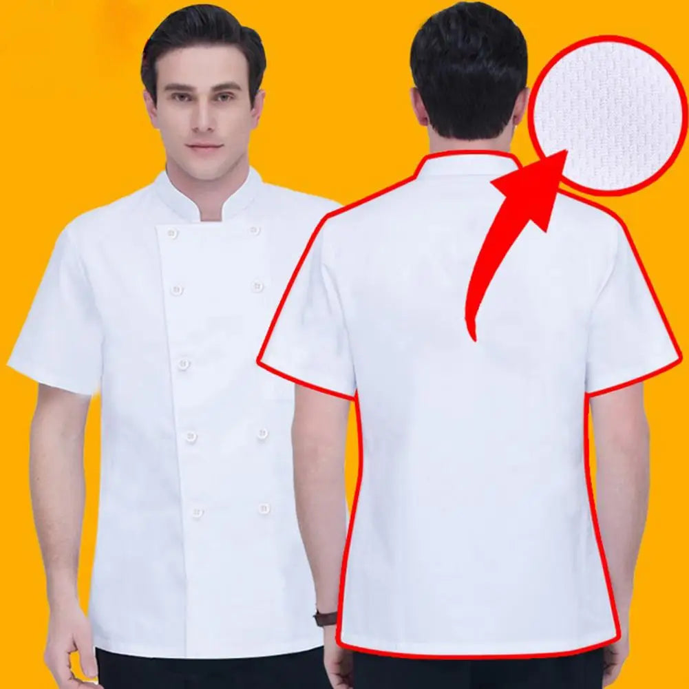 Kitchen Chef Uniform Bakery Food Service Cook Mesh Back Stand Collar Short Sleeve Shirt Breathable Double Breasted Chef Clothes