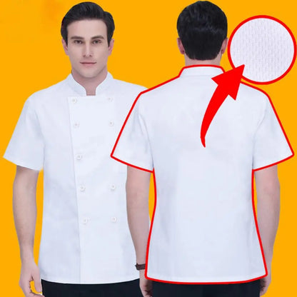 Kitchen Chef Uniform Bakery Food Service Cook Mesh Back Stand Collar Short Sleeve Shirt Breathable Double Breasted Chef Clothes