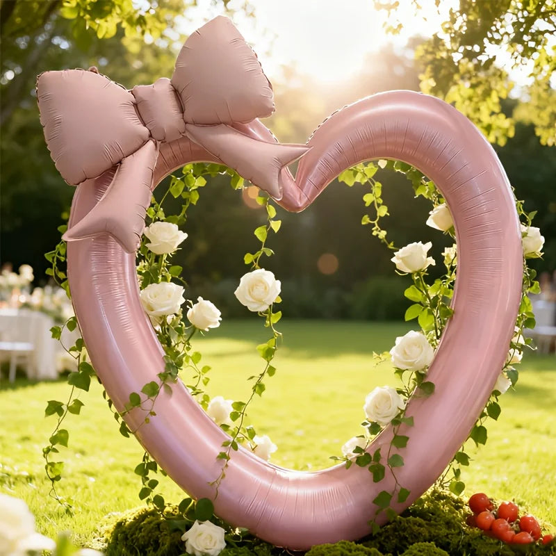 Pink Hollow Heart & Bow Foil Balloons for Birthday, Valentine’s Day & Shower Décor