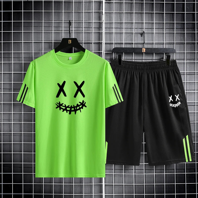 Three bar trendy men's printed sports set with smiling face pattern, mesh breathable round neck T-shirt, two-piece pants set new