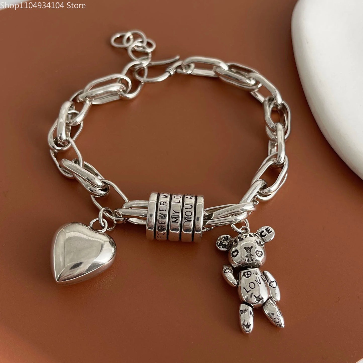 Solid 925 Sterling Silver Retro Bracelet for Women Men Vintage Handmade Heart Bracelet Birthday Gift