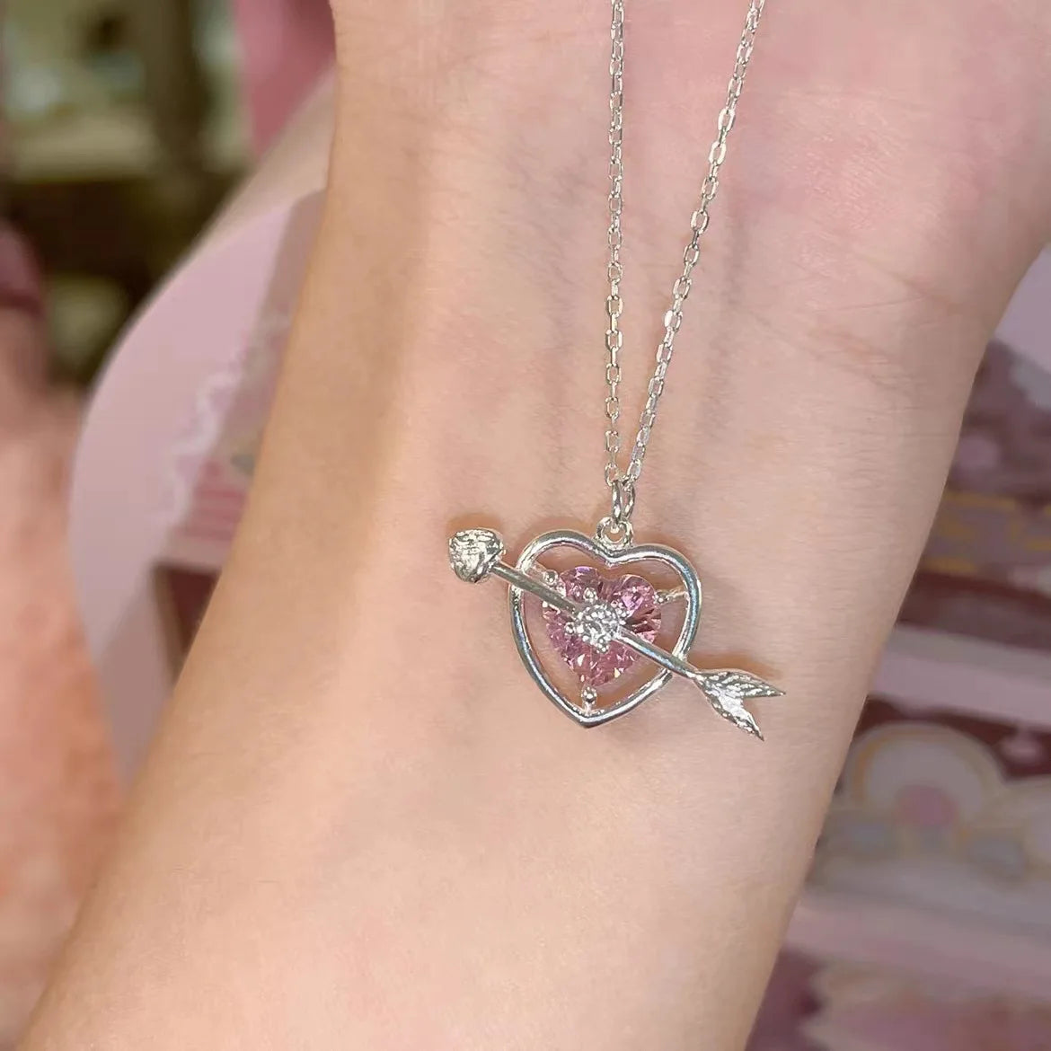Stylish Pink Heart Necklace Gemstone Pendant Diamonds One Arrow Through Forever Love  Designs