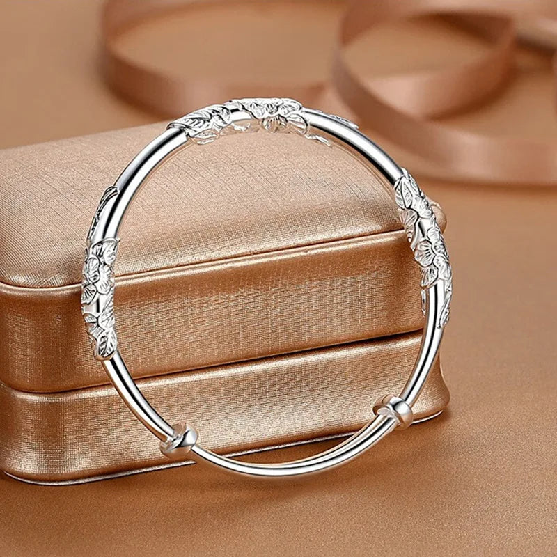 925 Sterling Silver Full-blown Flowers Bracelet