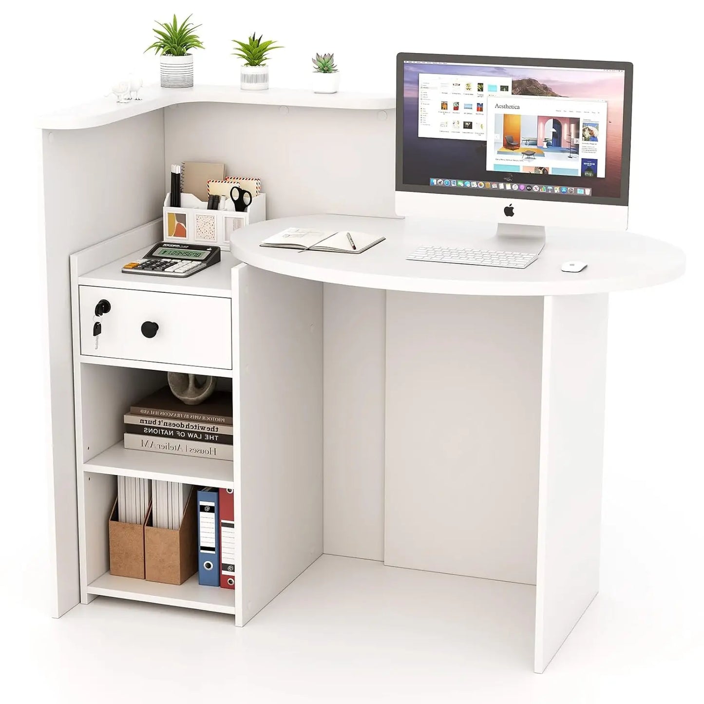 Reception Desk, Small Retail Checkout Counter with Lockable Drawer and Open Shelves, Wooden Computer Workstation, Customized