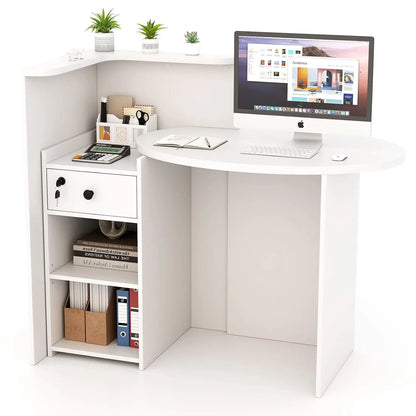 Reception Desk, Small Retail Checkout Counter with Lockable Drawer and Open Shelves, Wooden Computer Workstation, Customized