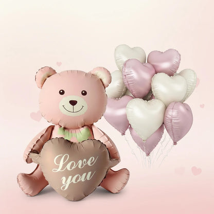 Matte Pink Brown Lying Bear Foil Balloons Love Heart Balloon for Valentines Day Decoration Bear Themed Birthday Wedding Supplies