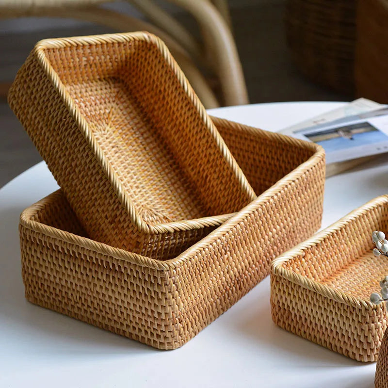 Rectangular Rattan Storage Baskets Handmade Woven Nesting Wicker Baskets for Decor Fruit Tray and Snack Storage Box