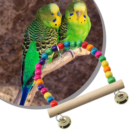 Natural Wooden Parrots Swing Tool Birds Perch Hanging Swings Cage With Colorful Beads Bells Hanging Cage Swings Bird Accessories