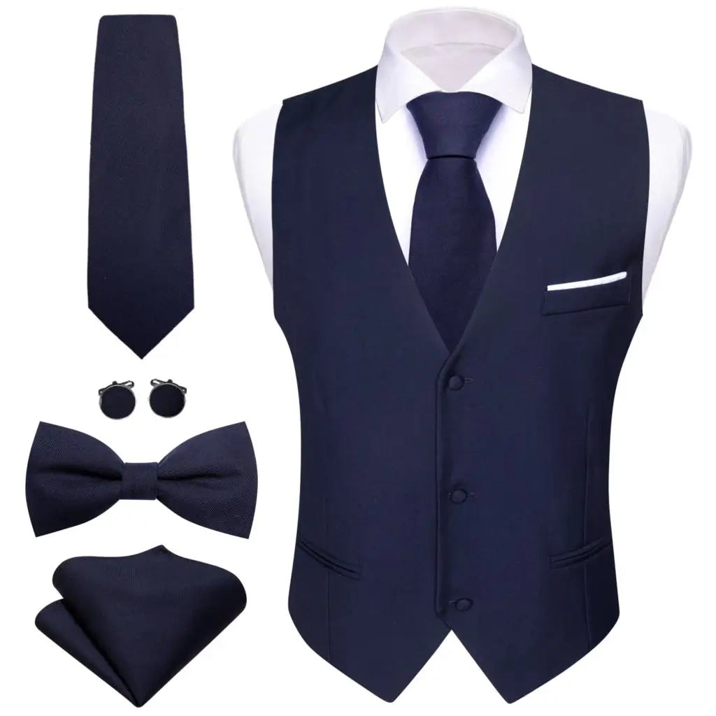 Designer Men's Vest Solid Silk Satin Waistcoat Tie Bowtie Hanky Set