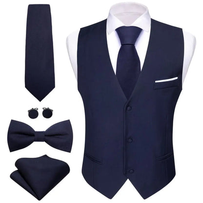 Designer Men's Vest Solid Silk Satin Waistcoat Tie Bowtie Hanky Set