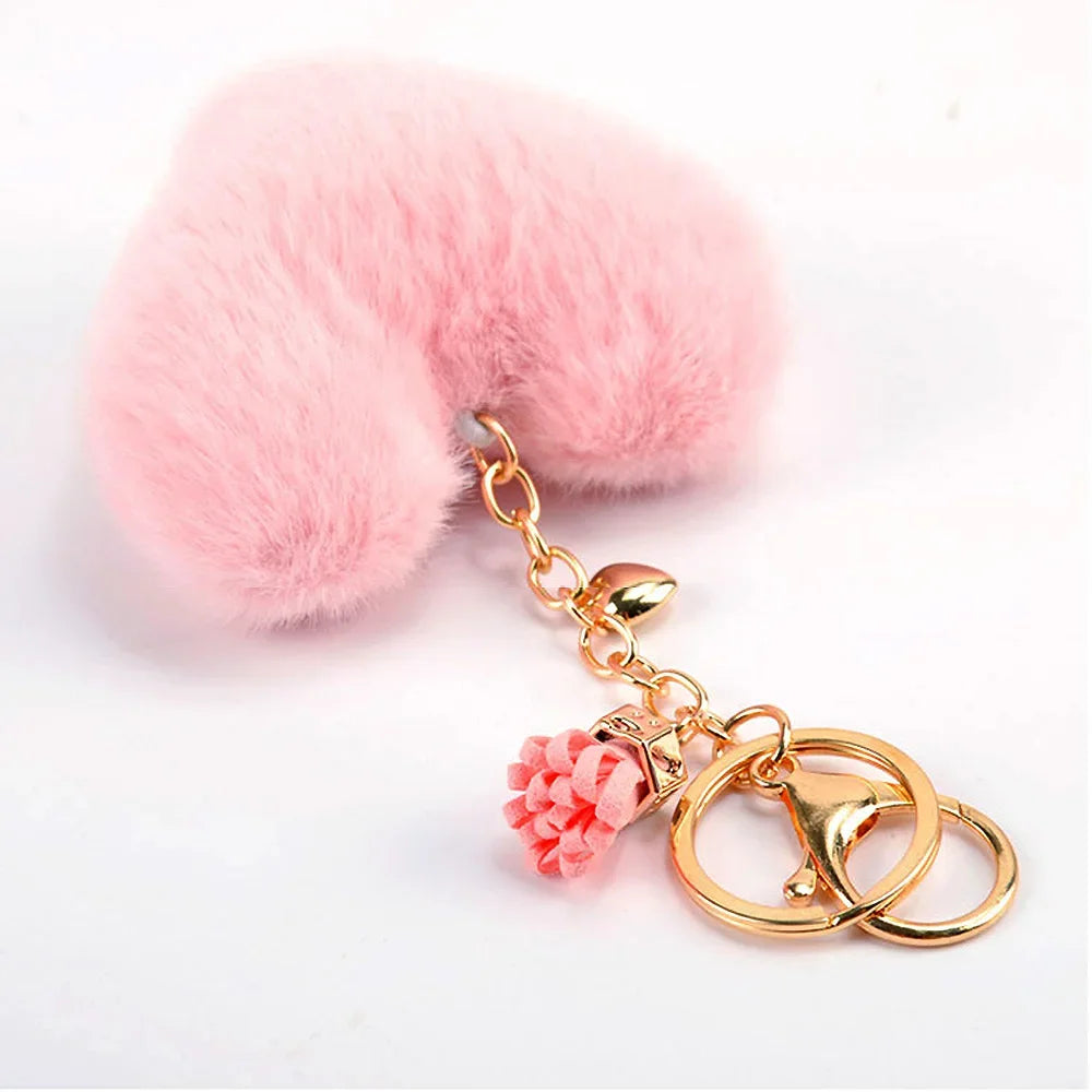 Rainbow Heart Pompom Keychain – Colorful Plush Ball Tassel Bag Charm for Women