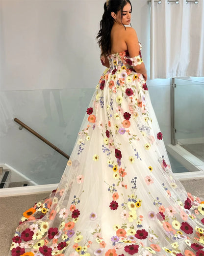 Cathy Off Shoulder 3D Flowers A-line Wedding Dress With Court Train vestidos de noiva Zip Back Customized Formal Evening 2025