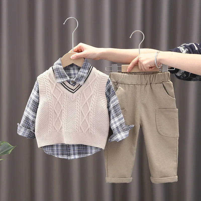 Baby Boys Clothes Suit Casual Plaid Shirt Vest Pants 3Pcs/Sets Toddler Cotton