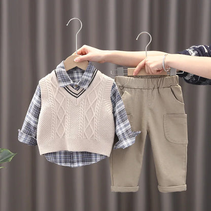Baby Boys Clothes Suit Casual Plaid Shirt Vest Pants 3Pcs/Sets Toddler Cotton