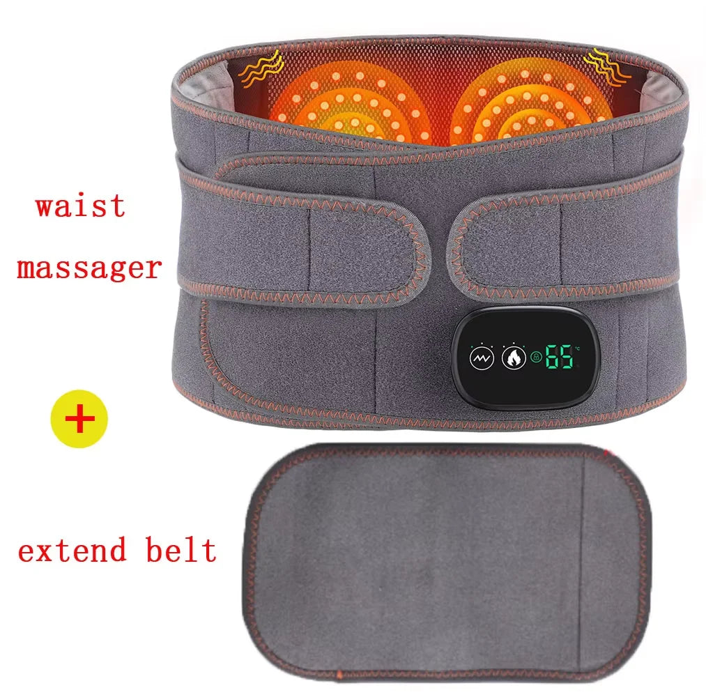 Gray waist massager with digital display and extendable belt on a white background