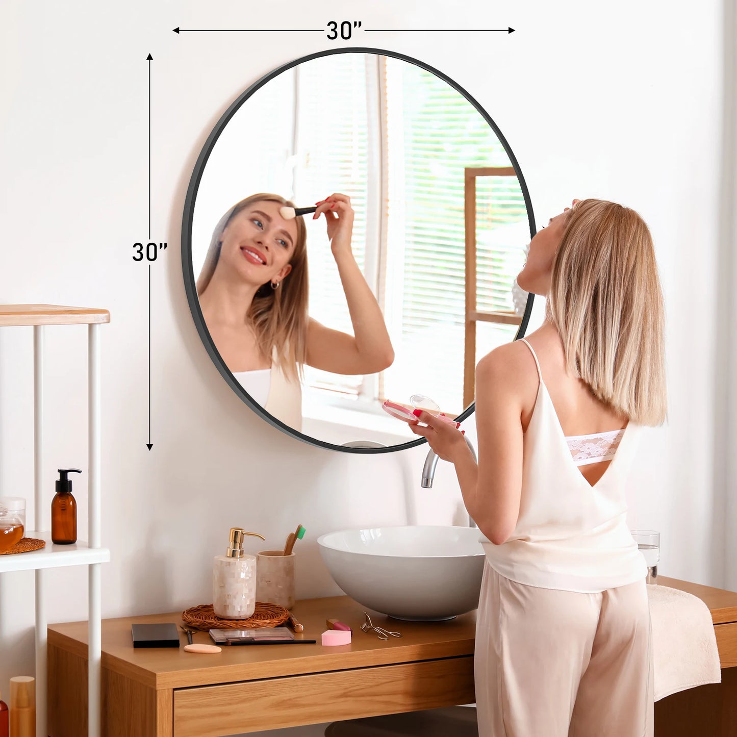 Large Gold Round Vanity Framed Mirror for Wall Matte Metal Framed 30 Inch Modern Mirror Tempered Glass Bedroom Living Room