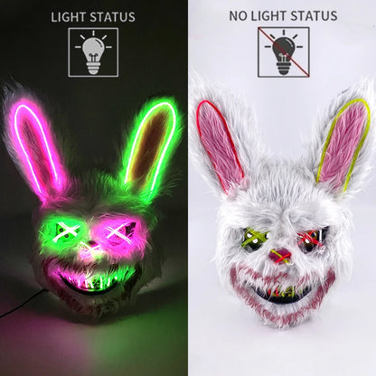 LED Glowing Cosplay Bloody Rabbit Mask Halloween Scary Killer Bloody Bunny Bear Headgear Carnival Masquerade Horror Costume Prop