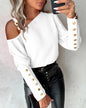 Women Elegant Lantern Sleeve Button Splicing O Neck Blouse