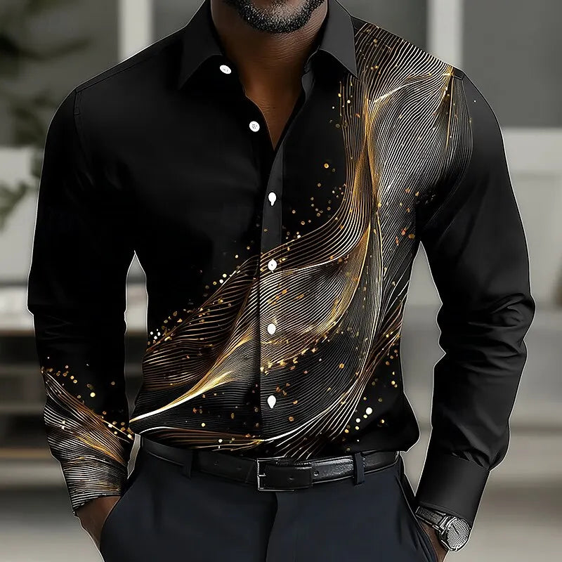 Men’s 3D Gradient Waves Shirt – Long Sleeve Button‑Up Streetwear