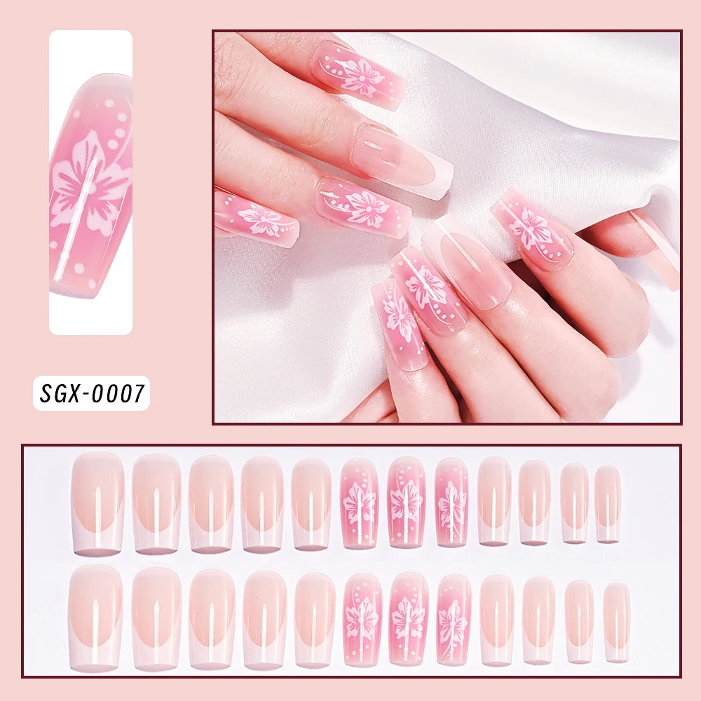 24Pcs Pink Leopard Print French Tips False Nails Short Square Head 3D Black Bowknot Fake Nails Acrylic Full Cover Press on Nails