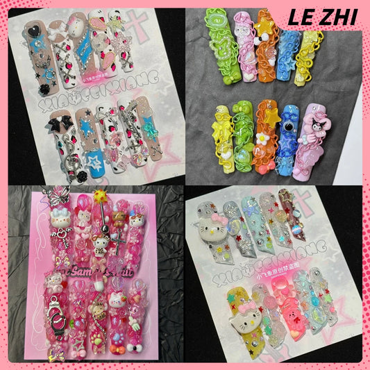 Spicy Girl 3D Handwork Press On Nail Art -Hello Kitty, XXL Square Metal Gothic Punk Style