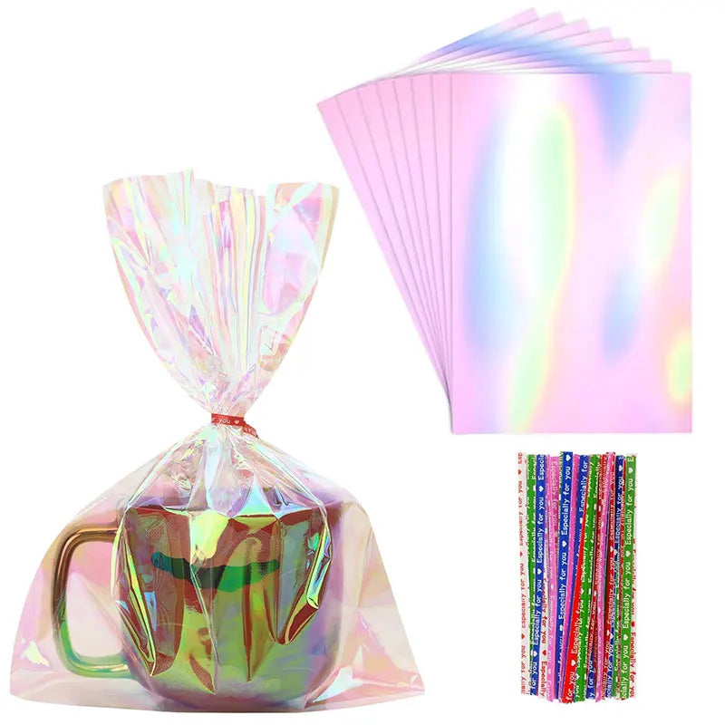 15/30/60pcs rainbow colored cellophane gift bag with tie, holographic cellophane gift bag for candy biscuits birthday gift