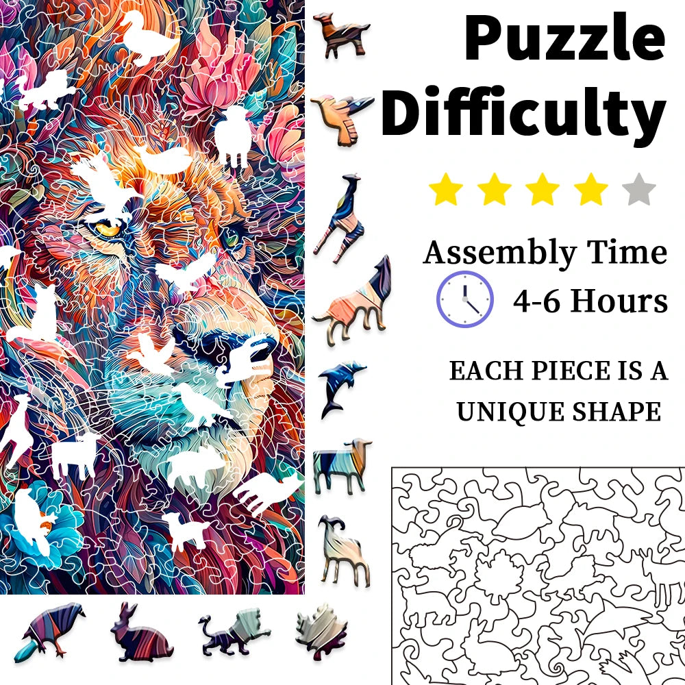 Unique Wooden Jigsaw Puzzles -  Lion, Luxurious Animal Shaped Wood Puzzle, Beautiful Package, Best Gift for Adults