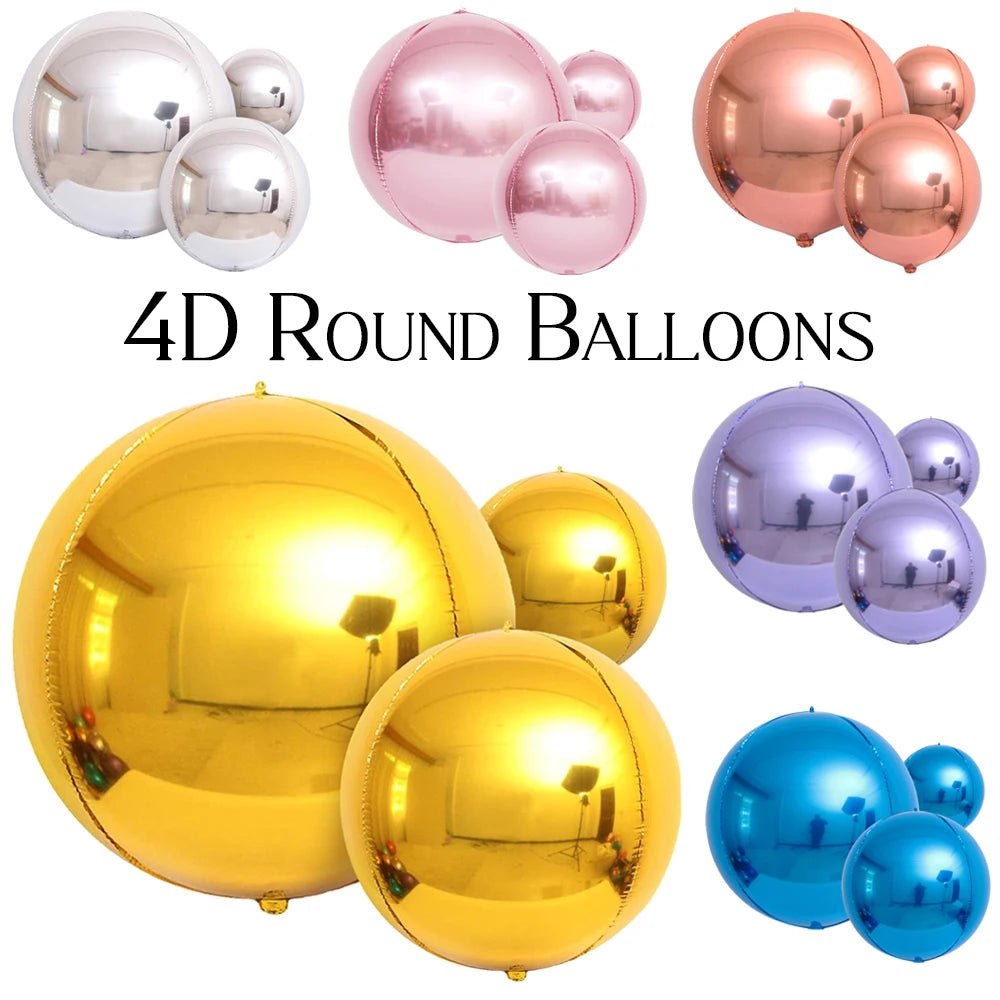 3pcs 4D Round Balloons Metallic Rose Gold Silver Foil Balloons Party Decorations for Birthday Wedding Gender Reveal Photo Props