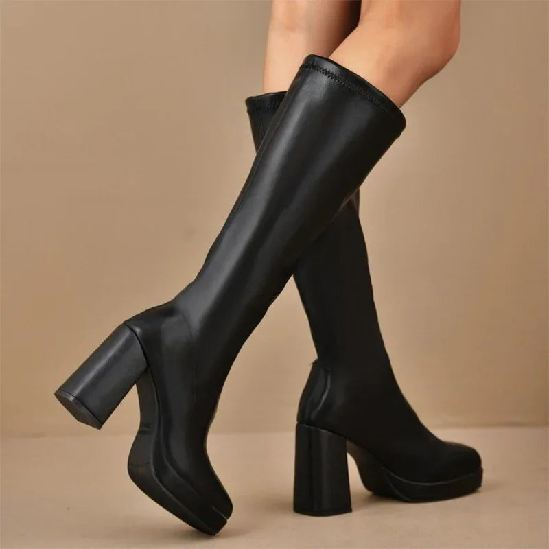 Plus Size High Heels Boots for Women Square Heeled Chunky Platform Knee-High Boots Woman 2025 Winter Thick Sole Square Toe Boots