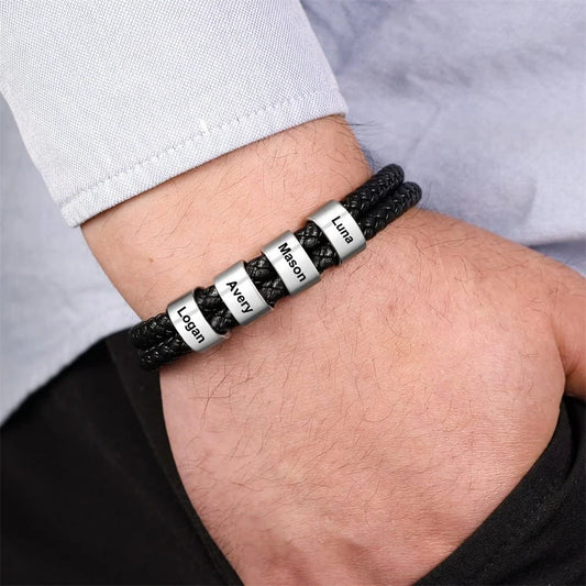 Gifts for Dad Father's Day Personalized Mens Bracelet Custom Engraved 1-5 Names Beads Bracelet Black Braid Leather Tiki Jewelry